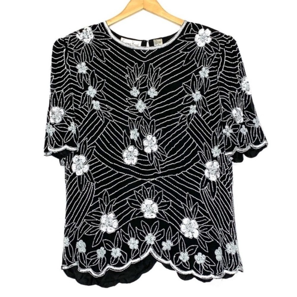 SHOP CLOSING! Vintage Laurence Kazar Floral Sequin Beaded Short Sleeve Blouse